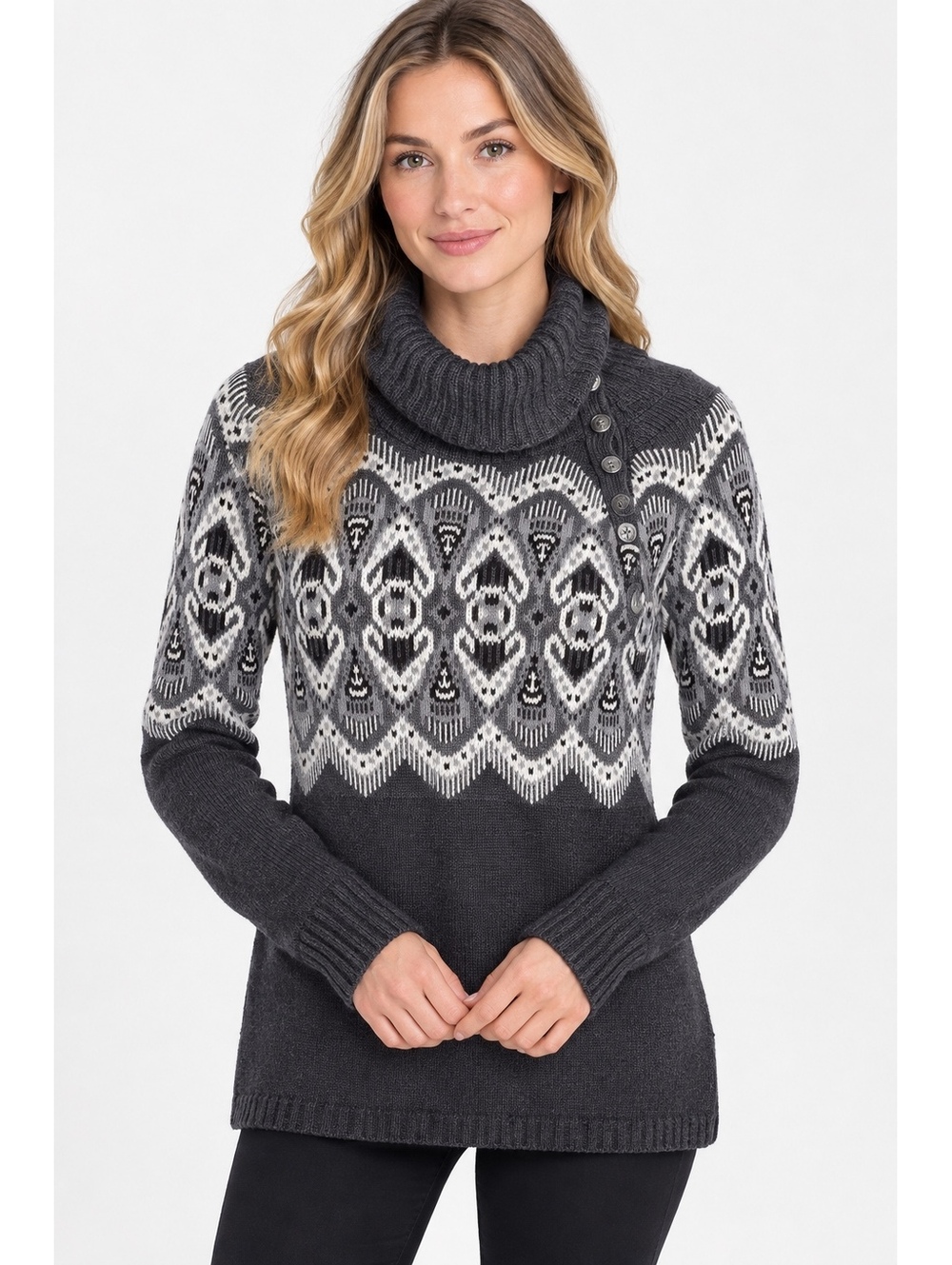 Athleta $98 Fair Isle Womans M Cowl Neck Button Detail patterned sweater